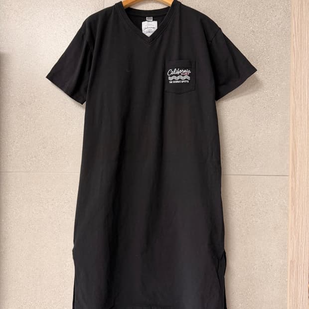 롱 블랙 원피스 반팔 자수 캘리포니어