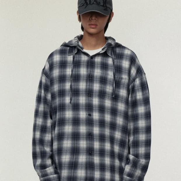 아이돈워너셀 Hooded Checkered Shirt Blue