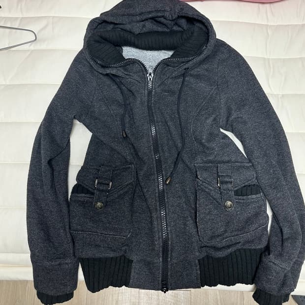 빈티지 차콜 블랙 투웨이 버클 카고 후드집업 y2k 펑크 아우터 자켓