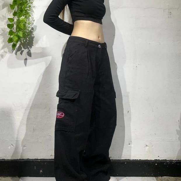 빈티지 Wake 흑청 와이드 카고 데님 팬츠