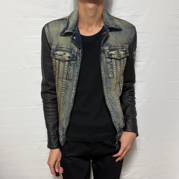 no id leather arm denim jacket