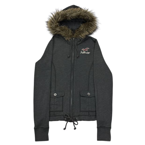 홀리스터 빈티지 딱붙핏 Y2K 울프죠 퍼 후드집업 자켓 그레이 M