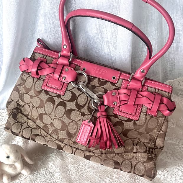 90s coach 햄튼 시그니처 캔버스 레더 브레이드 핑크 사첼백