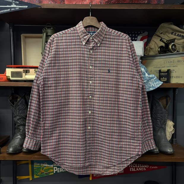 90s 폴로 랄프로렌 마이크로 타탄 체크 시어서커 버튼다운셔츠 N744