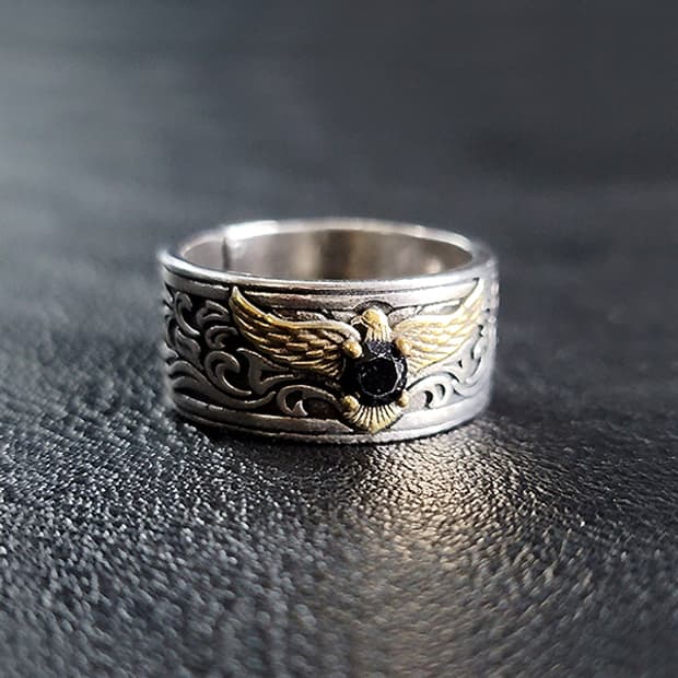 Ecliptor 실버 남자 엔틱 빈티지 명품 흑요석 날개 독수리 반지