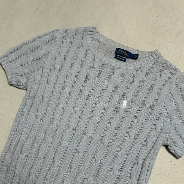 L 폴로랄프로렌 여성용 스카이블루 케이블 반팔 니트 