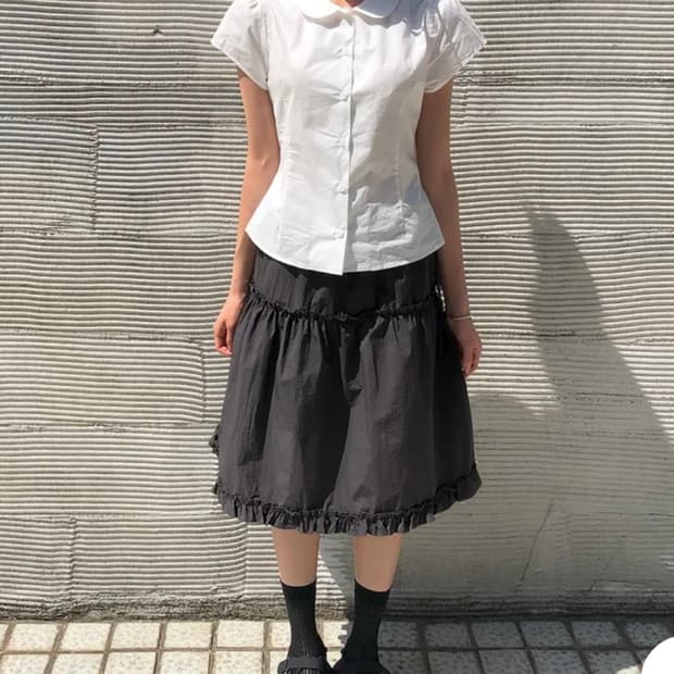 루프온 프릴 레이어드 미디 스커트 블랙