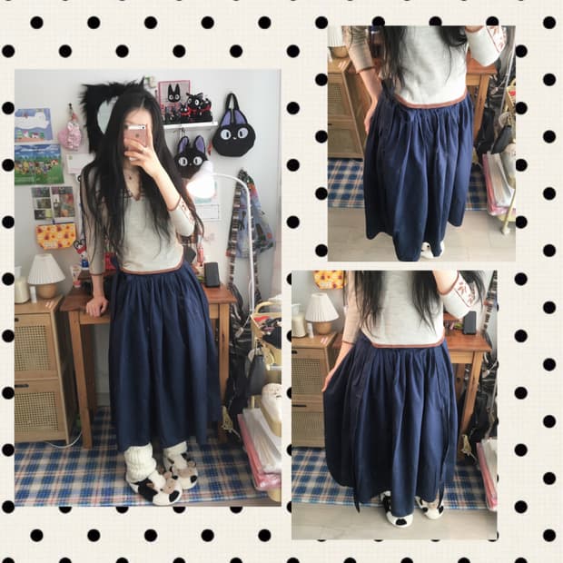 vintage pleated volume long skirt navy