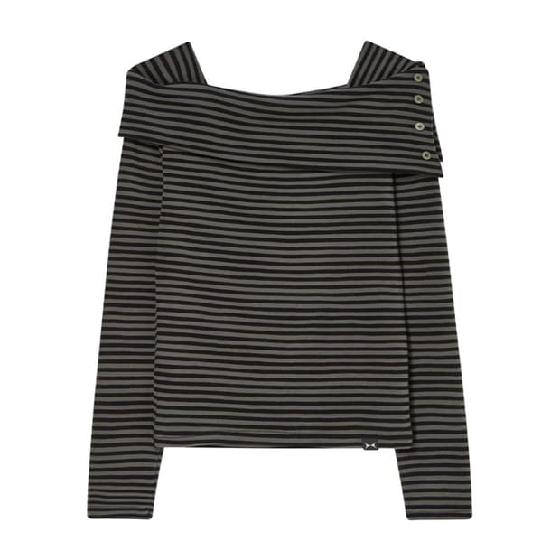 키티포터리 스트라이프 오프숄더 롱슬리브 티셔츠 카키