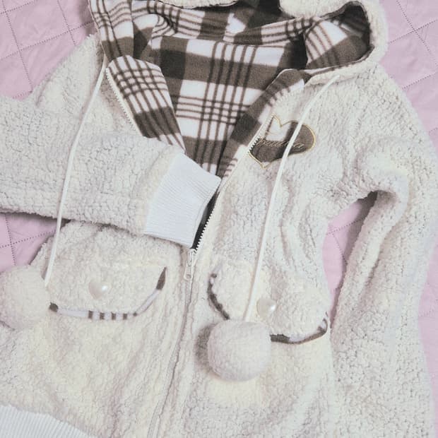 트랄라라 리즈리사 초코 아이보리 브라운 체크 라떼 모자 후드 폼폼이 갸루