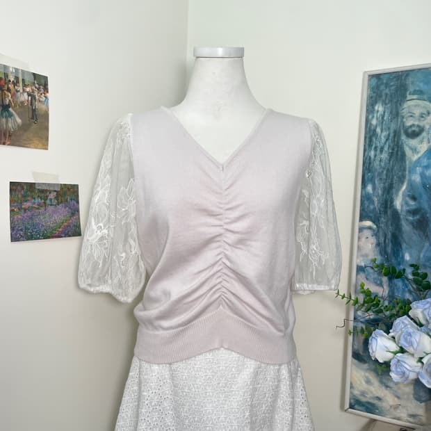 sheer pink lavender lace sleeve knit top