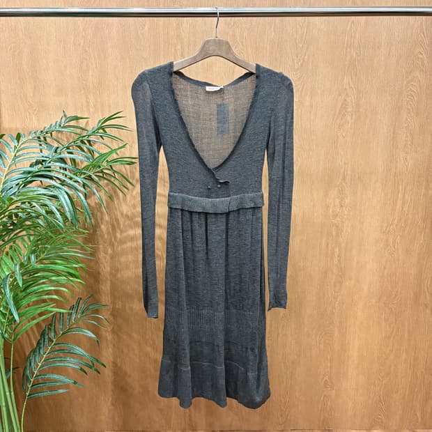 막스앤코 시스루 니트 롱 원피스 허리 밴드 디테일 루즈핏 차콜 그레이