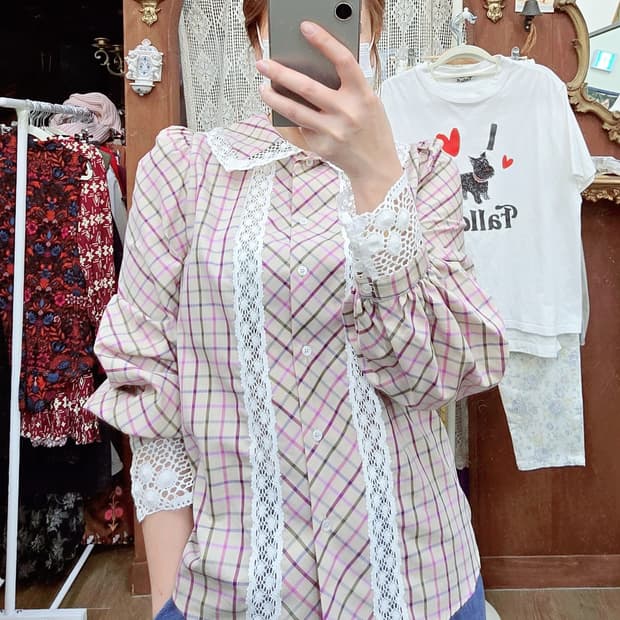 정품)막스마라 38사이즈(55~66) 막스마라 체크 레이스 블라우스