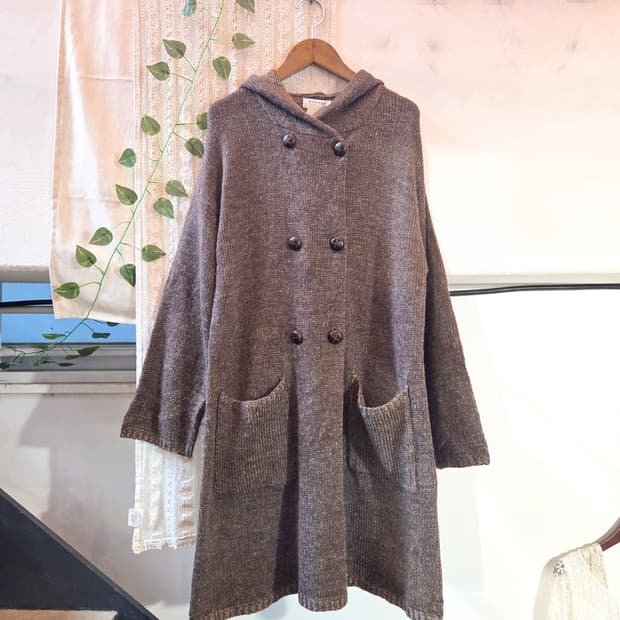 브라운 후드 롱 가디건