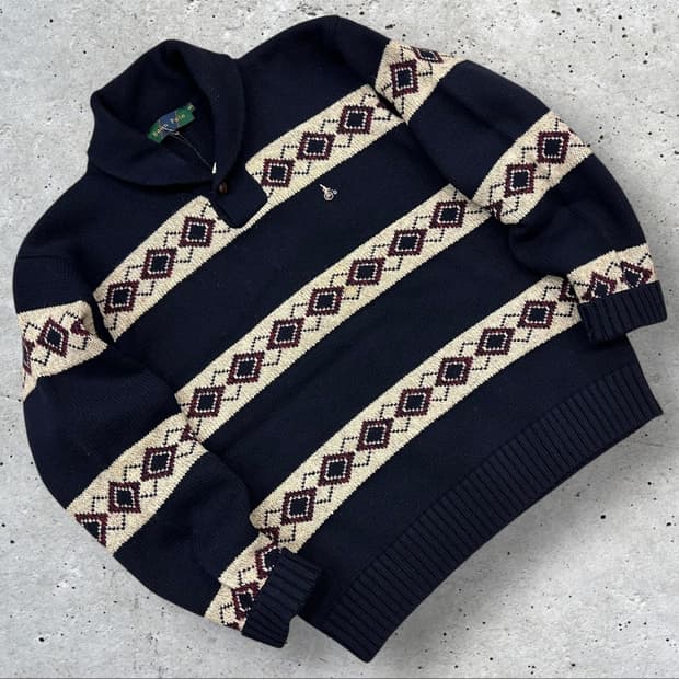 [105] 빈폴 울 아가일 반집업 버튼 니트