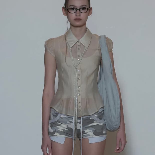 스컬프터 Sheer Pleated Hem Blouse Raw s