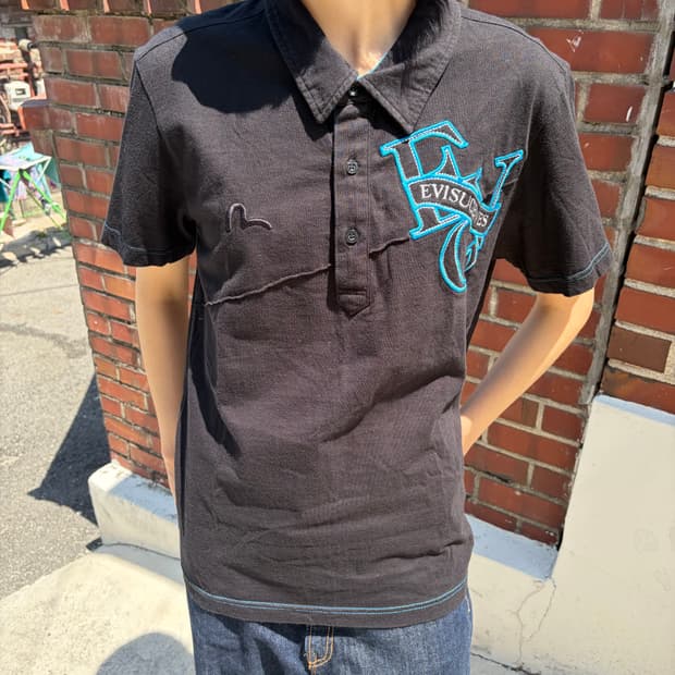 Evisu 블랙&블루 배색 반팔 카라 티셔츠 M