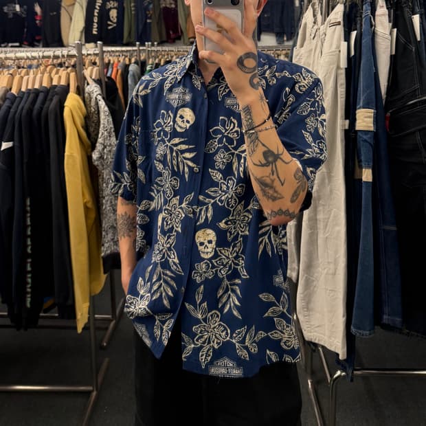 M)할리데이비슨 빈티지 스컬 프린팅 하와이안 반팔 셔츠