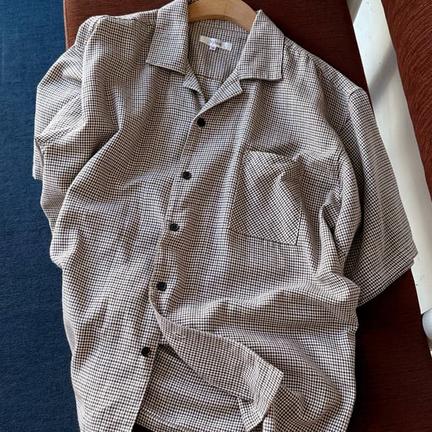 Houndstooth check open collar H/S shirt