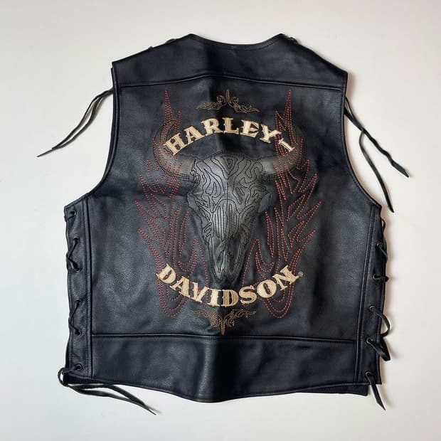 할리데이비슨 스컬 디스트레스드 가죽 스냅 조끼 PN9451