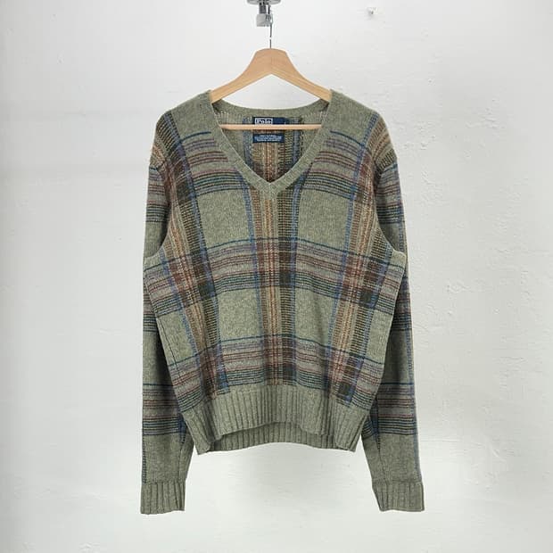 00s 폴로 랄프로렌 플래이드 체크 알파 울 브이넥 니트 스웨터