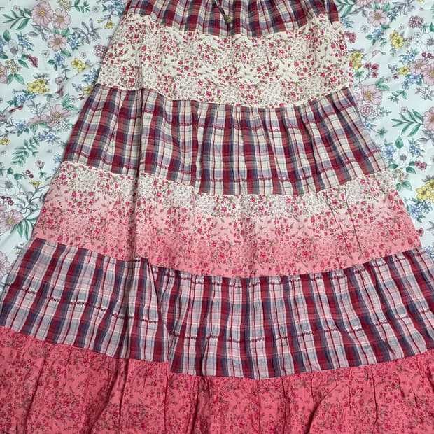 일본빈티지)플로럴 체크 패치워크 캉캉 스즈코모리걸 레드 로맨틱롱스커트