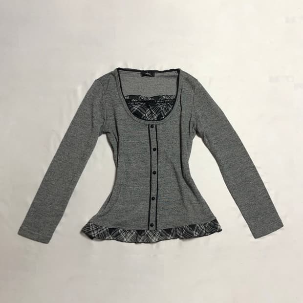 체크 로걀 블라우스 탑  그레이