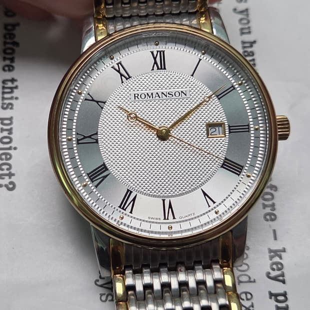 빈티지 로만손 기요쉐다이얼 콤비 쿼츠 드레스워치 남성용 브레이슬릿 ver