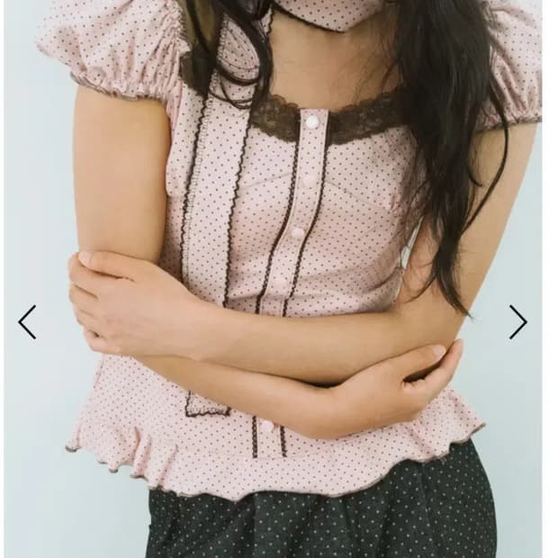 샤키리 체크 도트 퍼프 블라우스 스커트 세트 핑크