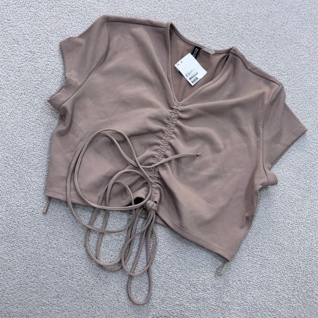 XL 새상품 H&M 여성 골지 스트링 크롭 티셔츠 0707E