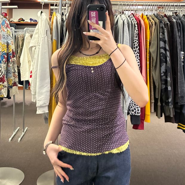L)Japanese vintage 여성 도트 퍼플 나시