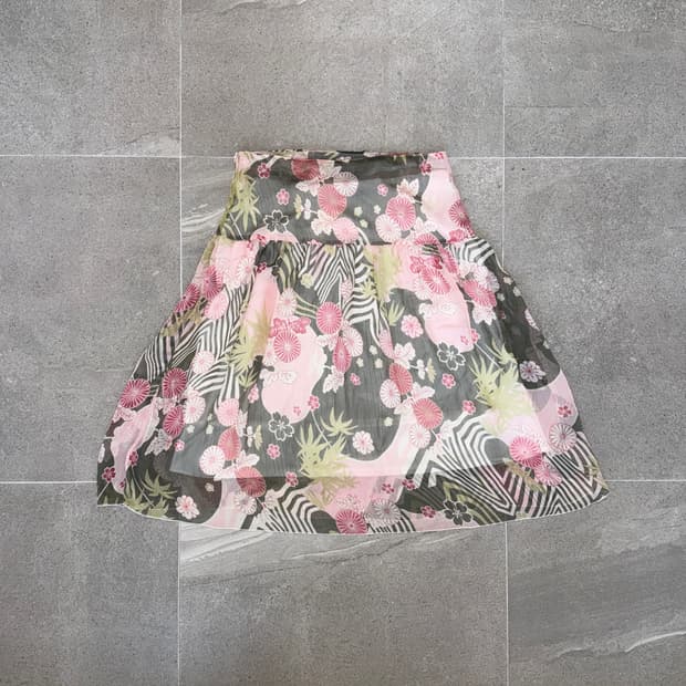 Pink khaki oriental floral flare skirt