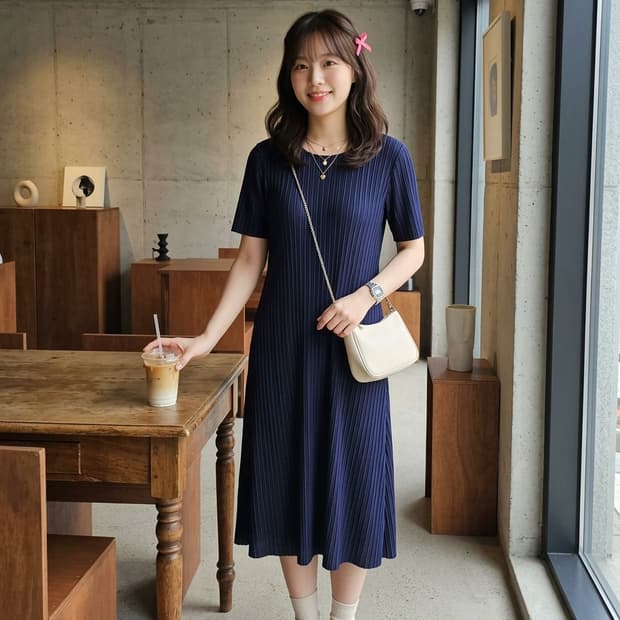 플리츠미(Pleatsme) 다크 네이비 반팔 플리츠 원피스