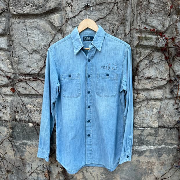 폴로 랄프로렌 빈티지 미해군 스탠실 샴브레이 셔츠 s 