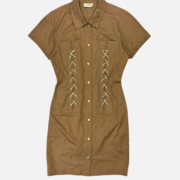 beige lace-up detail dress