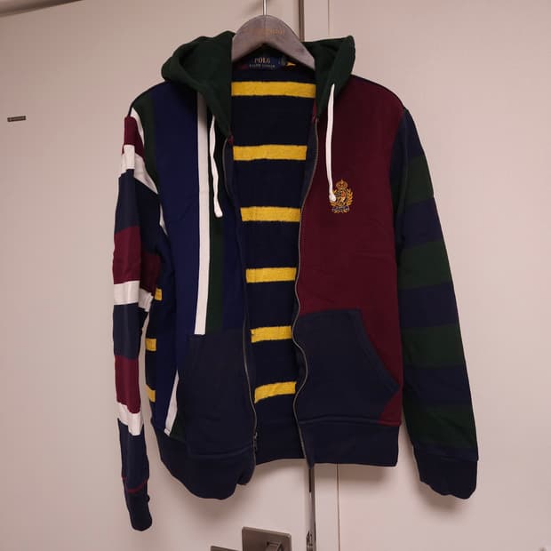 [M] 폴로 크레스트 패치워크 플리스 기모 후드집업
