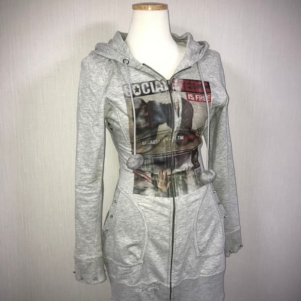 Distressed Graphic Studded Long Zip Hood