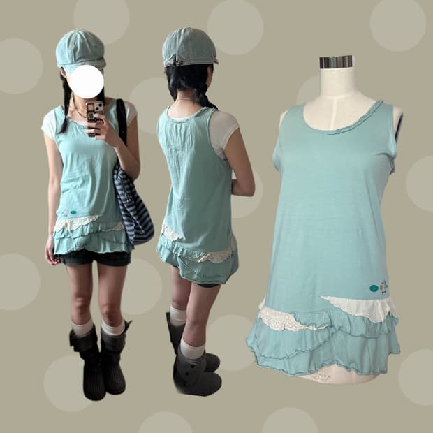 빈티지 모리걸 민트 러플 슬리브리스 원피스