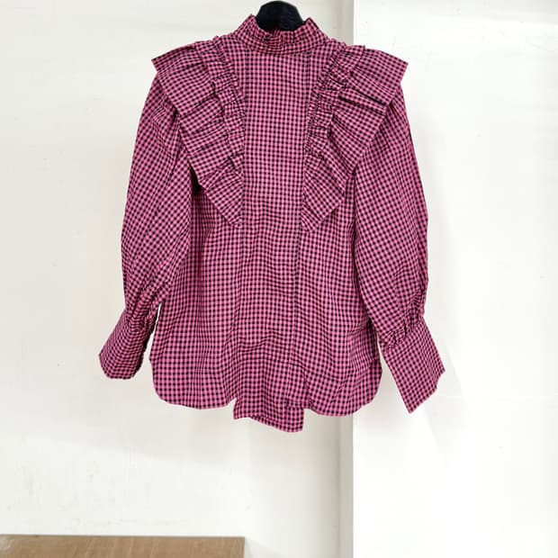 가니 핑크 러플 징햄 쉬어서커 블라우스