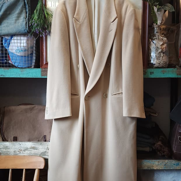 90s 조르지오 아르마니 울코트 피크드 라펠 버진울 더블코트 크림색 52