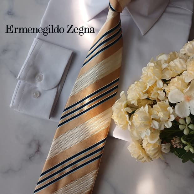 제냐 실크 베이지 스트라이프 넥타이 9.2cm A등급 A19111
