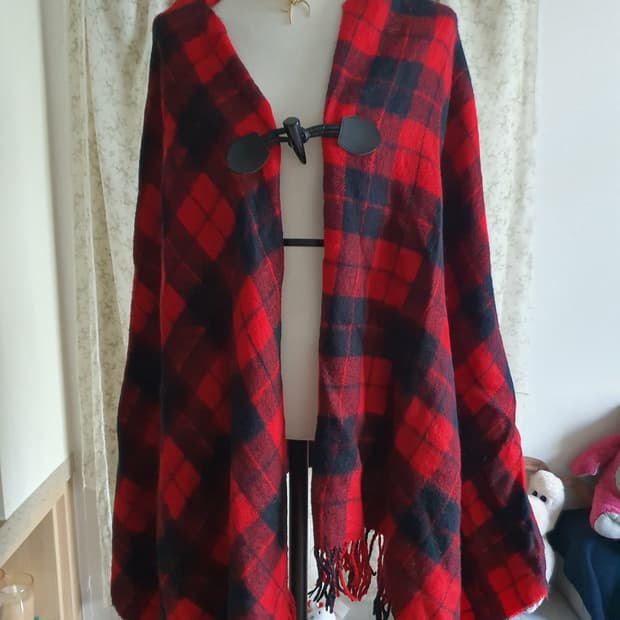 [모리걸] 레드 체크 후드 망토 숄