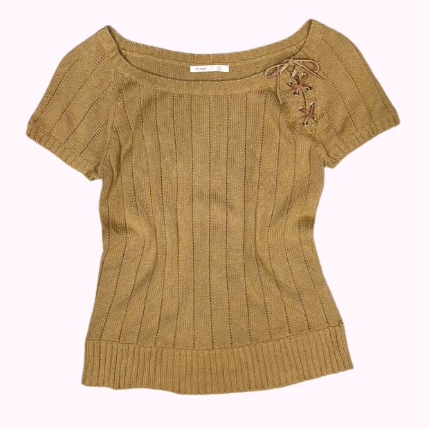 beige ribbed lace-up knit t