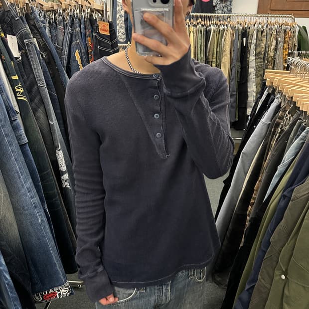 재패니즈 빈티지 네이비 헨리넥 긴팔티 롱슬리브 