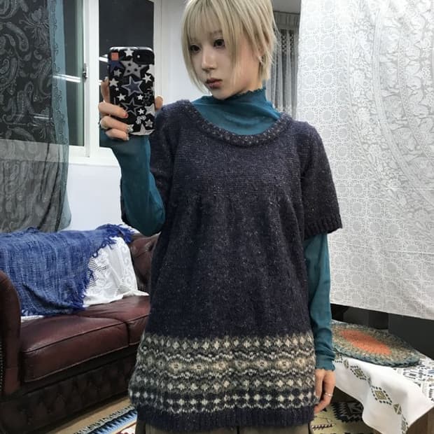 제페니즈 빈티지 에스닉 롱 반팔 니트