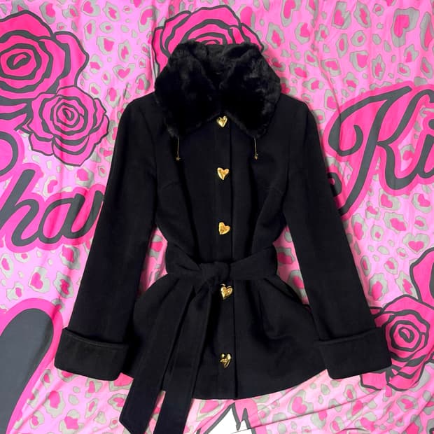 MA*RS마즈 하트금장 블랙 퍼 벨티드 코트 히메오네갸루 핀터 일본빈티지