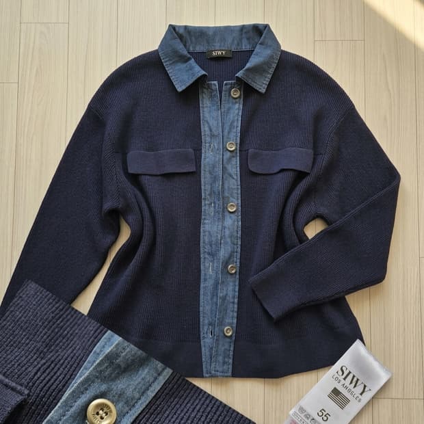 씨위(SIWY) 정품 데님 배색 니트 자켓 (상태 최상 / 55사이즈)