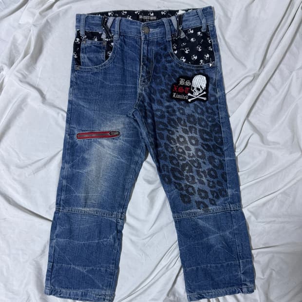 Batsu 스컬 레오파드 크롭 데님팬츠 y2k 펑크 vkei