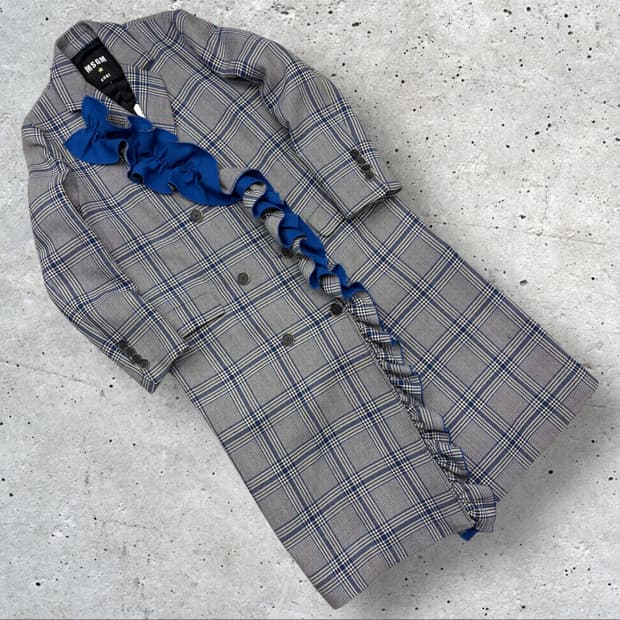 [40] MSGM 체크 롱 코트 블루 프릴 수입택 C374