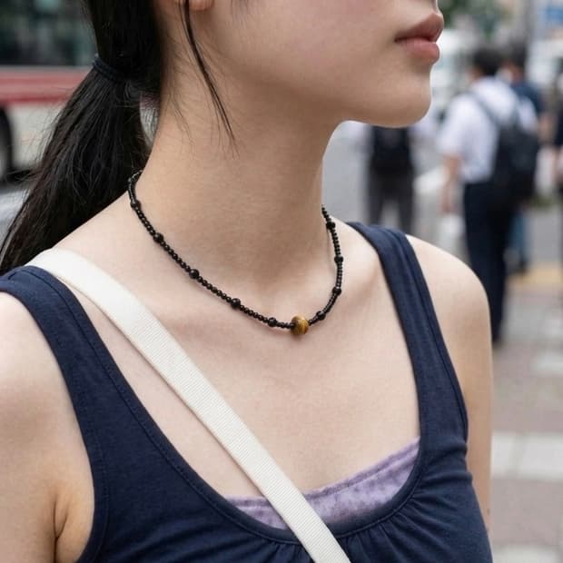 (맞춤) 천연 오닉스 앤 브라운 포인트 원석목걸이